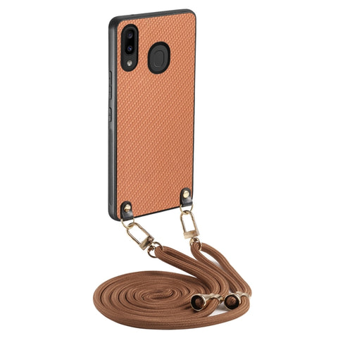 Carbon Fiber Texture Leather Back Cover Phone Case with Crossbody Strap, For Samsung Galaxy A30 / A20
