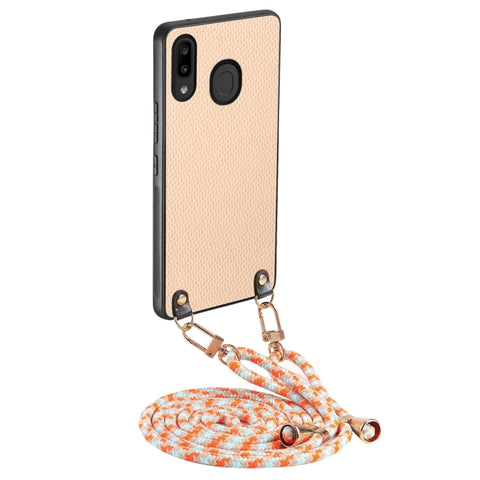 Carbon Fiber Texture Leather Back Cover Phone Case with Crossbody Strap, For Samsung Galaxy A30 / A20