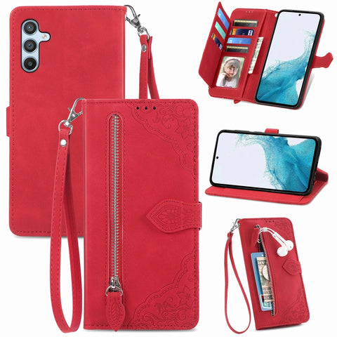 Embossed Flower Zipper Leather Phone Case, For Samsung Galaxy A57 5G, For Samsung Galaxy A37 5G, For Samsung Galaxy S25 Edge 5G, For Samsung Galaxy A56 5G, For Samsung Galaxy A26 5G, For Samsung Galaxy A36 5G, For Samsung Galaxy S25 5G                 ...