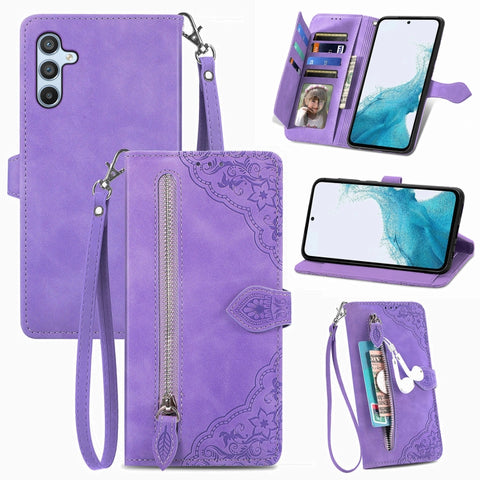 Embossed Flower Zipper Leather Phone Case, For Samsung Galaxy A57 5G, For Samsung Galaxy A37 5G, For Samsung Galaxy S25 Edge 5G, For Samsung Galaxy A56 5G, For Samsung Galaxy A26 5G, For Samsung Galaxy A36 5G, For Samsung Galaxy S25 5G                 ...