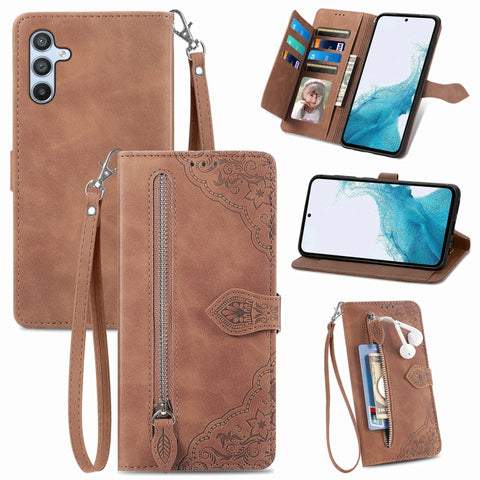 Embossed Flower Zipper Leather Phone Case, For Samsung Galaxy A57 5G, For Samsung Galaxy A37 5G, For Samsung Galaxy S25 Edge 5G, For Samsung Galaxy A56 5G, For Samsung Galaxy A26 5G, For Samsung Galaxy A36 5G, For Samsung Galaxy S25 5G                 ...