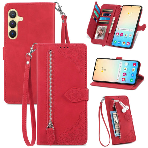 Embossed Flower Zipper Leather Phone Case, For Samsung Galaxy A57 5G, For Samsung Galaxy A37 5G, For Samsung Galaxy S25 Edge 5G, For Samsung Galaxy A56 5G, For Samsung Galaxy A26 5G, For Samsung Galaxy A36 5G, For Samsung Galaxy S25 5G                 ...