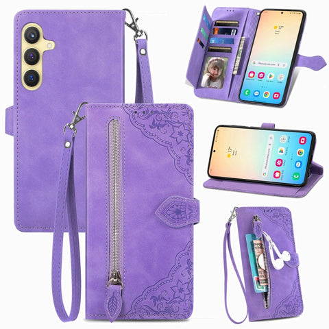 Embossed Flower Zipper Leather Phone Case, For Samsung Galaxy A57 5G, For Samsung Galaxy A37 5G, For Samsung Galaxy S25 Edge 5G, For Samsung Galaxy A56 5G, For Samsung Galaxy A26 5G, For Samsung Galaxy A36 5G, For Samsung Galaxy S25 5G                 ...