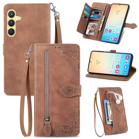 Embossed Flower Zipper Leather Phone Case, For Samsung Galaxy A57 5G, For Samsung Galaxy A37 5G, For Samsung Galaxy S25 Edge 5G, For Samsung Galaxy A56 5G, For Samsung Galaxy A26 5G, For Samsung Galaxy A36 5G, For Samsung Galaxy S25 5G                 ...