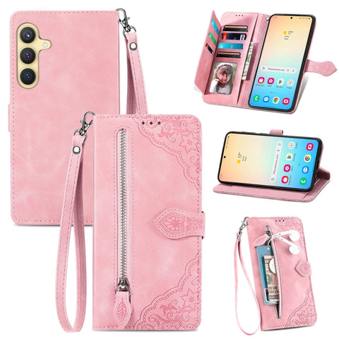 Embossed Flower Zipper Leather Phone Case, For Samsung Galaxy A57 5G, For Samsung Galaxy A37 5G, For Samsung Galaxy S25 Edge 5G, For Samsung Galaxy A56 5G, For Samsung Galaxy A26 5G, For Samsung Galaxy A36 5G, For Samsung Galaxy S25 5G                 ...