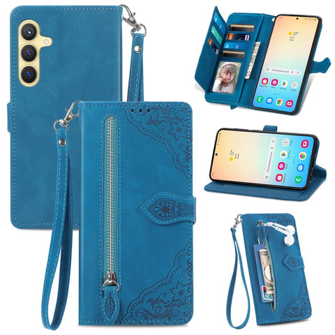 Embossed Flower Zipper Leather Phone Case, For Samsung Galaxy A57 5G, For Samsung Galaxy A37 5G, For Samsung Galaxy S25 Edge 5G, For Samsung Galaxy A56 5G, For Samsung Galaxy A26 5G, For Samsung Galaxy A36 5G, For Samsung Galaxy S25 5G                 ...