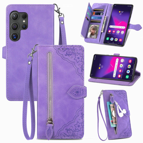 Embossed Flower Zipper Leather Phone Case, For Samsung Galaxy A57 5G, For Samsung Galaxy A37 5G, For Samsung Galaxy S25 Edge 5G, For Samsung Galaxy A56 5G, For Samsung Galaxy A26 5G, For Samsung Galaxy A36 5G, For Samsung Galaxy S25 5G                 ...