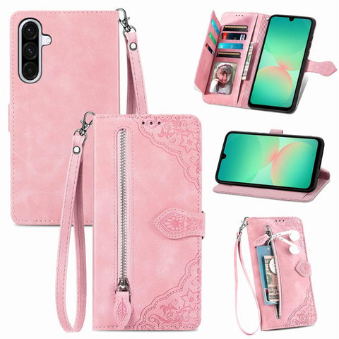 Embossed Flower Zipper Leather Phone Case, For Samsung Galaxy A57 5G, For Samsung Galaxy A37 5G, For Samsung Galaxy S25 Edge 5G, For Samsung Galaxy A56 5G, For Samsung Galaxy A26 5G, For Samsung Galaxy A36 5G, For Samsung Galaxy S25 5G                 ...