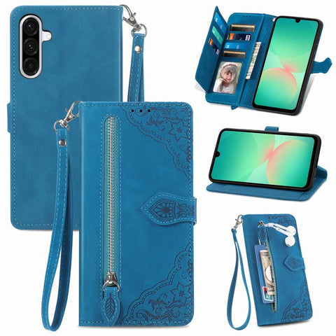 Embossed Flower Zipper Leather Phone Case, For Samsung Galaxy A57 5G, For Samsung Galaxy A37 5G, For Samsung Galaxy S25 Edge 5G, For Samsung Galaxy A56 5G, For Samsung Galaxy A26 5G, For Samsung Galaxy A36 5G, For Samsung Galaxy S25 5G                 ...