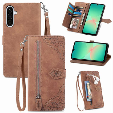 Embossed Flower Zipper Leather Phone Case, For Samsung Galaxy A57 5G, For Samsung Galaxy A37 5G, For Samsung Galaxy S25 Edge 5G, For Samsung Galaxy A56 5G, For Samsung Galaxy A26 5G, For Samsung Galaxy A36 5G, For Samsung Galaxy S25 5G                 ...