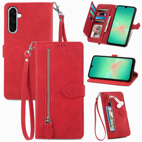 Embossed Flower Zipper Leather Phone Case, For Samsung Galaxy A57 5G, For Samsung Galaxy A37 5G, For Samsung Galaxy S25 Edge 5G, For Samsung Galaxy A56 5G, For Samsung Galaxy A26 5G, For Samsung Galaxy A36 5G, For Samsung Galaxy S25 5G                 ...
