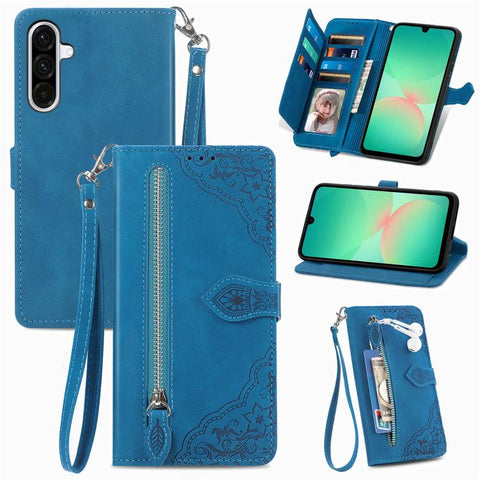 Embossed Flower Zipper Leather Phone Case, For Samsung Galaxy A57 5G, For Samsung Galaxy A37 5G, For Samsung Galaxy S25 Edge 5G, For Samsung Galaxy A56 5G, For Samsung Galaxy A26 5G, For Samsung Galaxy A36 5G, For Samsung Galaxy S25 5G                 ...