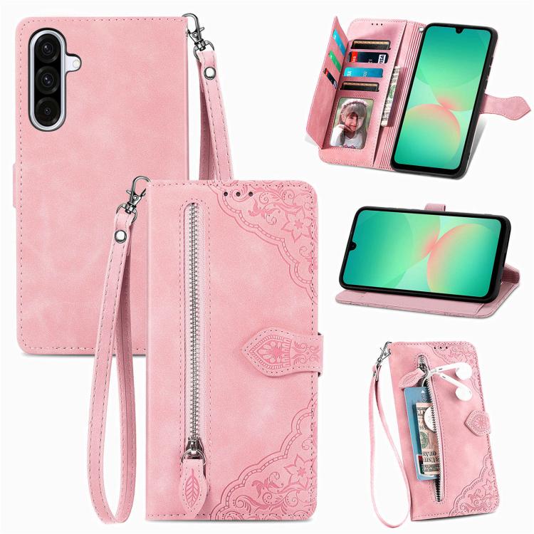Embossed Flower Zipper Leather Phone Case, For Samsung Galaxy A57 5G, For Samsung Galaxy A37 5G, For Samsung Galaxy S25 Edge 5G, For Samsung Galaxy A56 5G, For Samsung Galaxy A26 5G, For Samsung Galaxy A36 5G, For Samsung Galaxy S25 5G                 ...