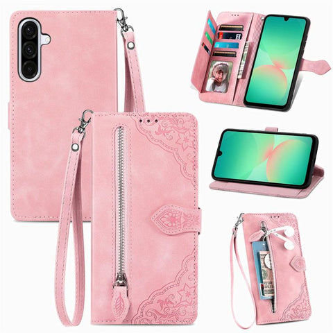 Embossed Flower Zipper Leather Phone Case, For Samsung Galaxy A57 5G, For Samsung Galaxy A37 5G, For Samsung Galaxy S25 Edge 5G, For Samsung Galaxy A56 5G, For Samsung Galaxy A26 5G, For Samsung Galaxy A36 5G, For Samsung Galaxy S25 5G                 ...