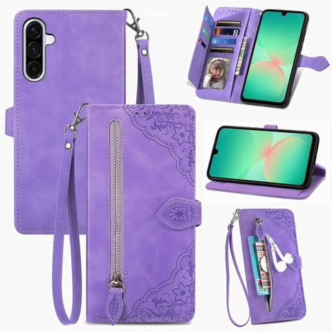 Embossed Flower Zipper Leather Phone Case, For Samsung Galaxy A57 5G, For Samsung Galaxy A37 5G, For Samsung Galaxy S25 Edge 5G, For Samsung Galaxy A56 5G, For Samsung Galaxy A26 5G, For Samsung Galaxy A36 5G, For Samsung Galaxy S25 5G                 ...