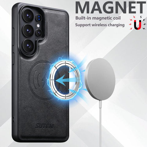 Suteni G5 Cowhide Leather Magnetic Phone Case, For Samsung Galaxy S26 Ultra 5G, For Samsung Galaxy S25 Ultra 5G, For Samsung Galaxy S24 Ultra 5G, For Samsung Galaxy S23 Ultra 5G, For Samsung Galaxy S22 Ultra 5G
