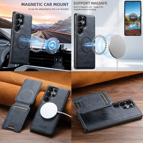 Suteni M5 Magnetic Card Bag MagSafe Cowhide Texture Leather Phone Case, For Samsung Galaxy S26 Ultra 5G, For Samsung Galaxy S25 Ultra 5G, For Samsung Galaxy S24 Ultra 5G, For Samsung Galaxy S23 Ultra 5G, For Samsung Galaxy S22 Ultra 5G