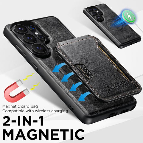 Suteni M3 Card Bag MagSafe Cowhide Texture Leather Phone Case, For Samsung Galaxy S26 Ultra 5G, For Samsung Galaxy S25 Ultra 5G, For Samsung Galaxy S24 Ultra 5G, For Samsung Galaxy S23 Ultra 5G, For Samsung Galaxy S22 Ultra 5G