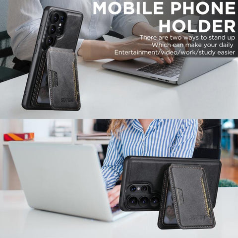 Suteni M3 Card Bag MagSafe Cowhide Texture Leather Phone Case, For Samsung Galaxy S26 Ultra 5G, For Samsung Galaxy S25 Ultra 5G, For Samsung Galaxy S24 Ultra 5G, For Samsung Galaxy S23 Ultra 5G, For Samsung Galaxy S22 Ultra 5G