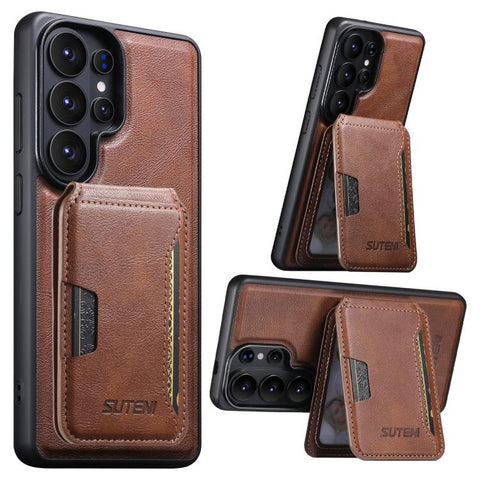 Suteni M3 Card Bag MagSafe Cowhide Texture Leather Phone Case, For Samsung Galaxy S26 Ultra 5G, For Samsung Galaxy S25 Ultra 5G, For Samsung Galaxy S24 Ultra 5G, For Samsung Galaxy S23 Ultra 5G, For Samsung Galaxy S22 Ultra 5G