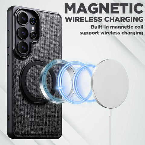 Suteni G3 360 Rotation Holder MagSafe Denim Leather Back Phone Case, For Samsung Galaxy S26 Ultra 5G, For Samsung Galaxy S25 Ultra 5G, For Samsung Galaxy S24 Ultra 5G, For Samsung Galaxy S23 Ultra 5G, For Samsung Galaxy S22 Ultra 5G