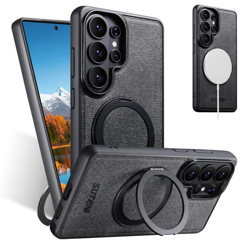 Suteni G3 360 Rotation Holder MagSafe Denim Leather Back Phone Case, For Samsung Galaxy S26 Ultra 5G, For Samsung Galaxy S25 Ultra 5G, For Samsung Galaxy S24 Ultra 5G, For Samsung Galaxy S23 Ultra 5G, For Samsung Galaxy S22 Ultra 5G