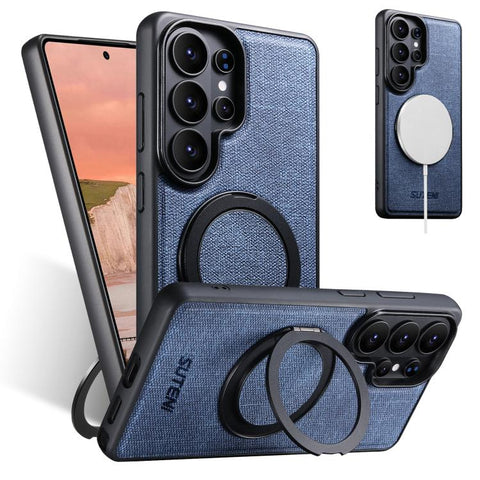 Suteni G3 360 Rotation Holder MagSafe Denim Leather Back Phone Case, For Samsung Galaxy S26 Ultra 5G, For Samsung Galaxy S25 Ultra 5G, For Samsung Galaxy S24 Ultra 5G, For Samsung Galaxy S23 Ultra 5G, For Samsung Galaxy S22 Ultra 5G