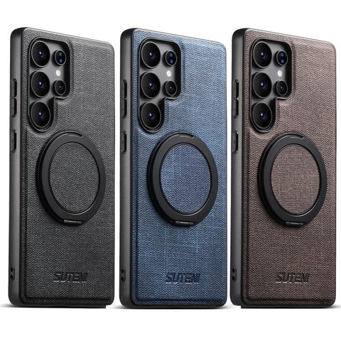 Suteni G3 360 Rotation Holder MagSafe Denim Leather Back Phone Case, For Samsung Galaxy S26 Ultra 5G, For Samsung Galaxy S25 Ultra 5G, For Samsung Galaxy S24 Ultra 5G, For Samsung Galaxy S23 Ultra 5G, For Samsung Galaxy S22 Ultra 5G