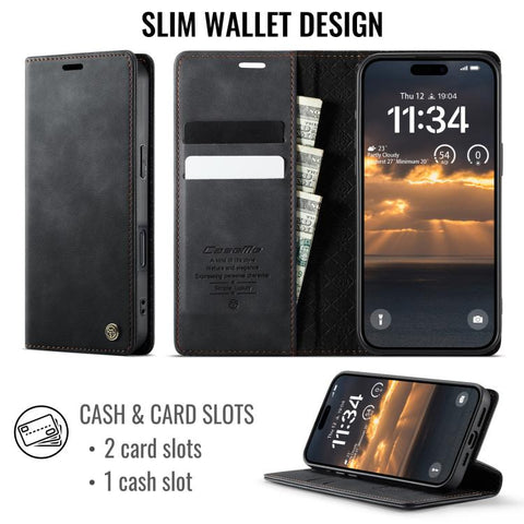 CaseMe 033 Calf Leather Lining Microfibre RFID Blocking Phone Case, For iPhone 18 Pro Max / 17 Pro Max, For iPhone 17e / 16e, For iPhone SE 2022 / 8 / 7, For iPhone 12 / 12 Pro, For iPhone X / XS, For iPhone 7 Plus / 8 Plus
