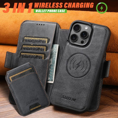 Suteni Q06S2 3-in-1 Detachable Vertical Flip Wallet MagSafe Splicing Leather Phone Case, For iPhone 14, For iPhone 14 Pro, For iPhone 14 Pro Max, For iPhone 13 Pro Max, For iPhone 13 Pro, For iPhone 13, For iPhone 12, For iPhone 12 Pro Max             ...