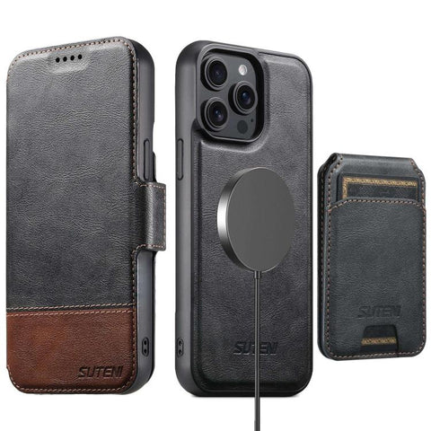 Suteni Q06S2 3-in-1 Detachable Vertical Flip Wallet MagSafe Splicing Leather Phone Case, For iPhone 14, For iPhone 14 Pro, For iPhone 14 Pro Max, For iPhone 13 Pro Max, For iPhone 13 Pro, For iPhone 13, For iPhone 12, For iPhone 12 Pro Max             ...