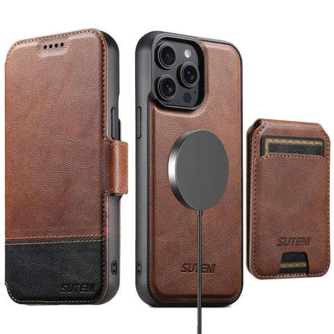 Suteni Q06S2 3-in-1 Detachable Vertical Flip Wallet MagSafe Splicing Leather Phone Case, For iPhone 14, For iPhone 14 Pro, For iPhone 14 Pro Max, For iPhone 13 Pro Max, For iPhone 13 Pro, For iPhone 13, For iPhone 12, For iPhone 12 Pro Max             ...