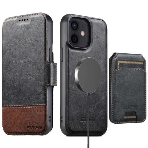 Suteni Q06S2 3-in-1 Detachable Vertical Flip Wallet MagSafe Splicing Leather Phone Case, For iPhone 14, For iPhone 14 Pro, For iPhone 14 Pro Max, For iPhone 13 Pro Max, For iPhone 13 Pro, For iPhone 13, For iPhone 12, For iPhone 12 Pro Max             ...