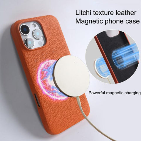 Litchi Texture Genuine Leather MagSafe Back Phone Case, For iPhone 16 Pro Max, For iPhone 16 Pro, For iPhone 15 Pro Max, For iPhone 15 Pro, For iPhone 14 Pro