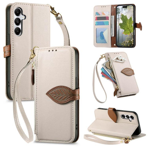 Leaf Buckle Zipper Wallet Leather Phone Case with Strap, For Samsung Galaxy S25+ 5G, For Samsung Galaxy S25 Ultra 5G, For Samsung Galaxy A06 4G, For Samsung Galaxy S24 FE 5G, For Samsung Galaxy M15 5G, For Samsung Galaxy A55 5G, For Samsung Galaxy A35 ...