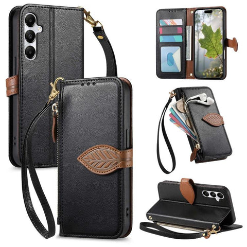 Leaf Buckle Zipper Wallet Leather Phone Case with Strap, For Samsung Galaxy S25+ 5G, For Samsung Galaxy S25 Ultra 5G, For Samsung Galaxy A06 4G, For Samsung Galaxy S24 FE 5G, For Samsung Galaxy M15 5G, For Samsung Galaxy A55 5G, For Samsung Galaxy A35 ...