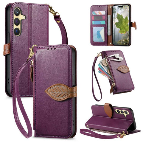 Leaf Buckle Zipper Wallet Leather Phone Case with Strap, For Samsung Galaxy S25+ 5G, For Samsung Galaxy S25 Ultra 5G, For Samsung Galaxy A06 4G, For Samsung Galaxy S24 FE 5G, For Samsung Galaxy M15 5G, For Samsung Galaxy A55 5G, For Samsung Galaxy A35 ...