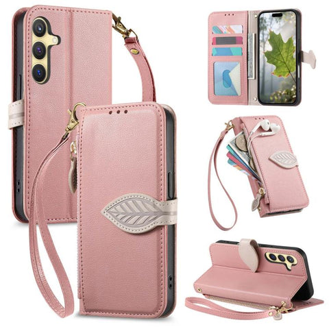 Leaf Buckle Zipper Wallet Leather Phone Case with Strap, For Samsung Galaxy S25+ 5G, For Samsung Galaxy S25 Ultra 5G, For Samsung Galaxy A06 4G, For Samsung Galaxy S24 FE 5G, For Samsung Galaxy M15 5G, For Samsung Galaxy A55 5G, For Samsung Galaxy A35 ...