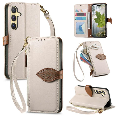 Leaf Buckle Zipper Wallet Leather Phone Case with Strap, For Samsung Galaxy S25+ 5G, For Samsung Galaxy S25 Ultra 5G, For Samsung Galaxy A06 4G, For Samsung Galaxy S24 FE 5G, For Samsung Galaxy M15 5G, For Samsung Galaxy A55 5G, For Samsung Galaxy A35 ...