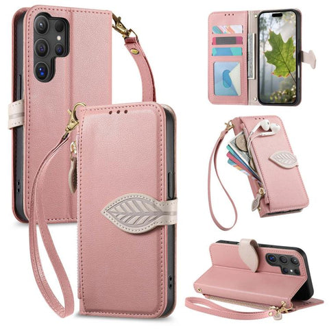 Leaf Buckle Zipper Wallet Leather Phone Case with Strap, For Samsung Galaxy S25+ 5G, For Samsung Galaxy S25 Ultra 5G, For Samsung Galaxy A06 4G, For Samsung Galaxy S24 FE 5G, For Samsung Galaxy M15 5G, For Samsung Galaxy A55 5G, For Samsung Galaxy A35 ...