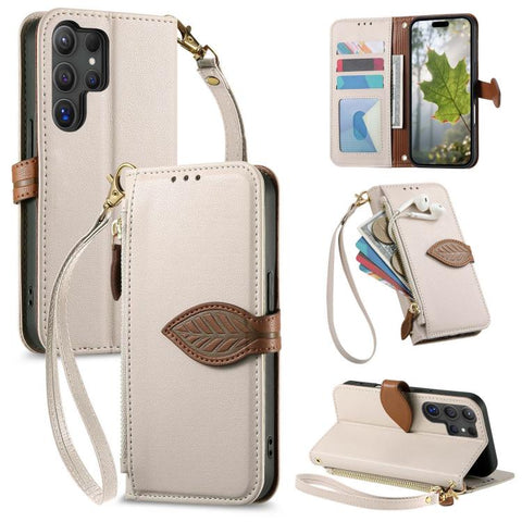 Leaf Buckle Zipper Wallet Leather Phone Case with Strap, For Samsung Galaxy S25+ 5G, For Samsung Galaxy S25 Ultra 5G, For Samsung Galaxy A06 4G, For Samsung Galaxy S24 FE 5G, For Samsung Galaxy M15 5G, For Samsung Galaxy A55 5G, For Samsung Galaxy A35 ...