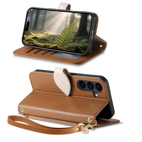 Leaf Buckle Zipper Wallet Leather Phone Case with Strap, For Samsung Galaxy S25+ 5G, For Samsung Galaxy S25 Ultra 5G, For Samsung Galaxy A06 4G, For Samsung Galaxy S24 FE 5G, For Samsung Galaxy M15 5G, For Samsung Galaxy A55 5G, For Samsung Galaxy A35 ...