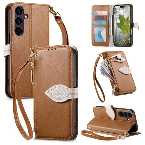 Leaf Buckle Zipper Wallet Leather Phone Case with Strap, For Samsung Galaxy S25+ 5G, For Samsung Galaxy S25 Ultra 5G, For Samsung Galaxy A06 4G, For Samsung Galaxy S24 FE 5G, For Samsung Galaxy M15 5G, For Samsung Galaxy A55 5G, For Samsung Galaxy A35 ...