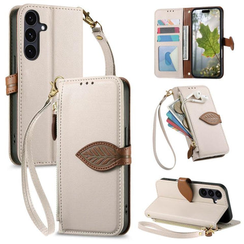 Leaf Buckle Zipper Wallet Leather Phone Case with Strap, For Samsung Galaxy S25+ 5G, For Samsung Galaxy S25 Ultra 5G, For Samsung Galaxy A06 4G, For Samsung Galaxy S24 FE 5G, For Samsung Galaxy M15 5G, For Samsung Galaxy A55 5G, For Samsung Galaxy A35 ...
