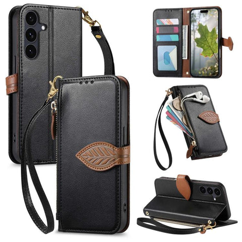 Leaf Buckle Zipper Wallet Leather Phone Case with Strap, For Samsung Galaxy S25+ 5G, For Samsung Galaxy S25 Ultra 5G, For Samsung Galaxy A06 4G, For Samsung Galaxy S24 FE 5G, For Samsung Galaxy M15 5G, For Samsung Galaxy A55 5G, For Samsung Galaxy A35 ...