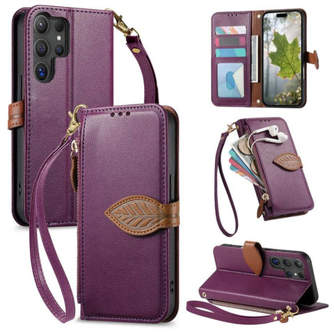 Leaf Buckle Zipper Wallet Leather Phone Case with Strap, For Samsung Galaxy S25+ 5G, For Samsung Galaxy S25 Ultra 5G, For Samsung Galaxy A06 4G, For Samsung Galaxy S24 FE 5G, For Samsung Galaxy M15 5G, For Samsung Galaxy A55 5G, For Samsung Galaxy A35 ...