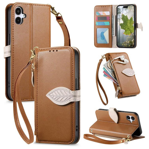 Leaf Buckle Zipper Wallet Leather Phone Case with Strap, For Samsung Galaxy S25+ 5G, For Samsung Galaxy S25 Ultra 5G, For Samsung Galaxy A06 4G, For Samsung Galaxy S24 FE 5G, For Samsung Galaxy M15 5G, For Samsung Galaxy A55 5G, For Samsung Galaxy A35 ...