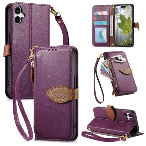 Leaf Buckle Zipper Wallet Leather Phone Case with Strap, For Samsung Galaxy S25+ 5G, For Samsung Galaxy S25 Ultra 5G, For Samsung Galaxy A06 4G, For Samsung Galaxy S24 FE 5G, For Samsung Galaxy M15 5G, For Samsung Galaxy A55 5G, For Samsung Galaxy A35 ...