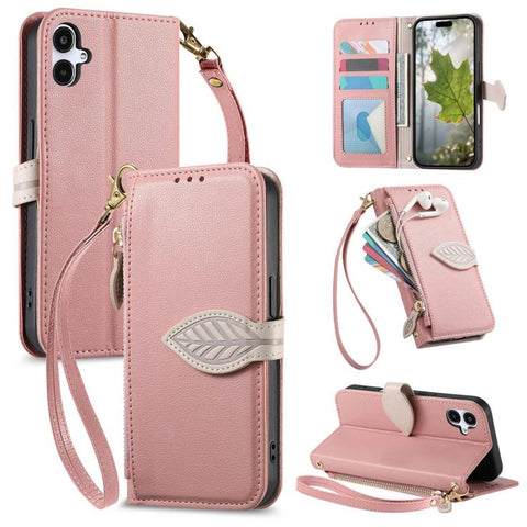 Leaf Buckle Zipper Wallet Leather Phone Case with Strap, For Samsung Galaxy S25+ 5G, For Samsung Galaxy S25 Ultra 5G, For Samsung Galaxy A06 4G, For Samsung Galaxy S24 FE 5G, For Samsung Galaxy M15 5G, For Samsung Galaxy A55 5G, For Samsung Galaxy A35 ...