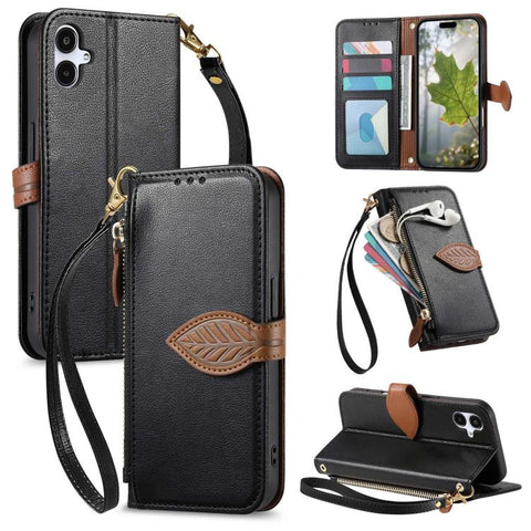 Leaf Buckle Zipper Wallet Leather Phone Case with Strap, For Samsung Galaxy S25+ 5G, For Samsung Galaxy S25 Ultra 5G, For Samsung Galaxy A06 4G, For Samsung Galaxy S24 FE 5G, For Samsung Galaxy M15 5G, For Samsung Galaxy A55 5G, For Samsung Galaxy A35 ...